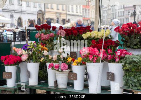 Farbenfrohe, frisch geschnittene Blumen, einschließlich verschiedener Rosen, werden in weißen Eimern mit Preisen ausgestellt, die eine traditionelle Marktszene im Freien und veranschaulichen Stockfoto