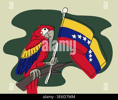 Papagei Hält Venezolanische Flagge Tropisches Kultursymbol Natur Bunte Illustration. Exotisches Vogelsitzende Zweig – Einfaches, Stilisiertes Grafikdesign Stock Vektor