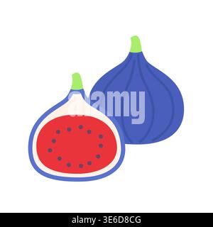 Nettes flaches Design blaue Feige ganz und halb geschnitten mit roter Innenvektor-Illustration Stock Vektor