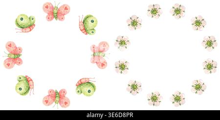 Ein Blumenkranz und ein süßer Kranz mit lustigen Schmetterlingen. Set mit zwei Kränzen. Runde Rahmen im Cartoon-Stil mit Gartenelementen. Aquarellillustrat Stockfoto