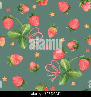 Süßes, nahtloses Cartoon-Muster mit Erdbeeren und Sternen. Garten- oder Waldbeeren im Kinderstil. Aquarellabbildung isoliert auf einem gr Stockfoto