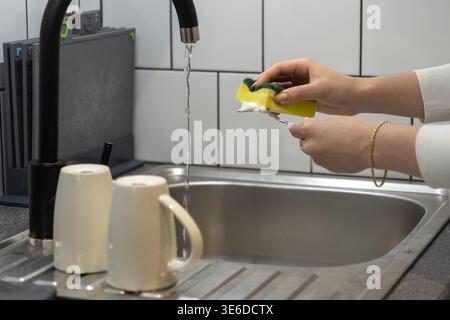 Nahaufnahme menschlicher Hände, die eine Gabel und einen matschigen gelben Schwamm halten, Reinigung unter einem schwarzen Wasserhahn in einer modernen Küche, repräsentiert tägliche Hygiene und Ho Stockfoto