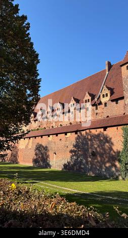 Schloss Malbork in Polen mit ausgedehnter roter Backsteinmauer und wiederholten Dachdormeren unter klarem blauem Himmel mit Baumschatten an der Fassade. Architektur, Geschichte Stockfoto