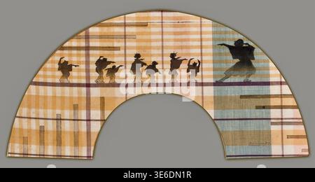 Henri-Charles Guérard (französisch, 1846–1897) - Shadow Theater Fan (1888) - zeigt Silhouetten von Figuren in japanischer Kleidung, die traditionellen Schattenpuppen oder Theater nachempfunden sind - der fächerförmige Druck zeichnet sich durch seinen strukturierten, karierten Hintergrund aus, der Stoff oder gewebtem Bambus nachahmt - das Werk spiegelt die europäische Besessenheit des späten 19. Jahrhunderts von japanischer Ästhetik und der Popularisierung von Fan-Designs als Medium der bildenden Kunst wider. Stockfoto