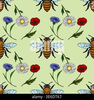 Bezauberndes nahtloses Vektor-Muster von Bienen und Wildblumen auf einem pastellgrünen Hintergrund Stock Vektor