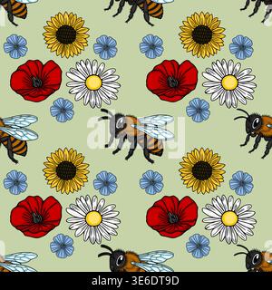 Nahtloses Vektormuster von niedlichen Bienen und bunten Wildblumen auf einem hellgrünen Hintergrund, perfekt für Textilien und Dekor. Stock Vektor