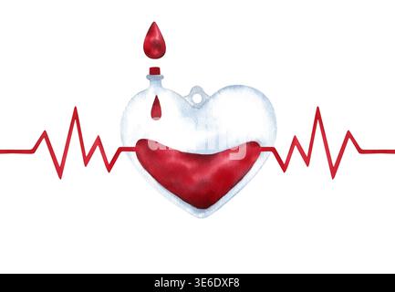 Aquarellabbildung eines herzförmigen Spenderblutbeutels mit Elektrokardiogramm-Pulslinie und Bluttropfen. Herzschlag-Rhythmus. Kardiologie, Blut Stockfoto