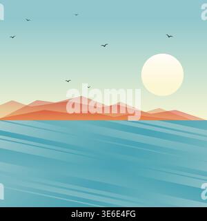 Berge weit weg. Blick vom Meer. Blaue Meereslandschaft mit Silhouette von Bergen am Horizont Stock Vektor