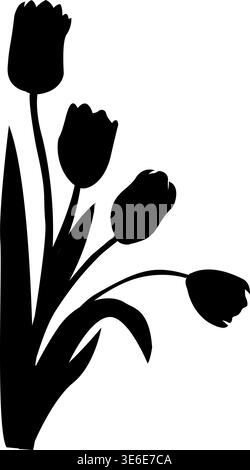 Tulpe. Frühlingsblume. Silhouetten von Tulpenblüten mit Blättern. Konstruktionselement Stock Vektor