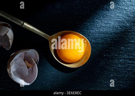 Frisches Bio-Eigelb in einem Metalllöffel mit zerrissenen Eierschalen auf dunklem Schiefergrund. Kontrastreiche Lebensmittelfotografie für Gourmetkochen und Kuli Stockfoto