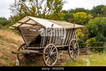 Alter hölzerner Bauernwagen mit vier Speichen-Rädern auf einem grasbewachsenen Hügel, rustikale Landschaft mit Bäumen im Hintergrund, Herbstfarben, bewölkter Tag Stockfoto