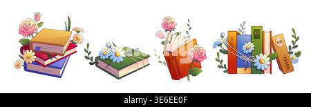Buchstapel mit Blumen Karikaturvektor Illustration isoliert auf weißem Hintergrund. Geöffnete und geschlossene Bücher, gebunden mit Schnur oder Kordeln und mit Blumenstrauß zwischen den Seiten, Sommer- oder Frühlingsleseelemente Stock Vektor