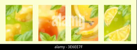 Frischer Hintergrund mit Sommerfrüchten mit lebhaftem Farbverlauf und verschwommener Textur, realistischen Vektorplakaten. Set mit Illustrationen von saftiger Zitrone, Orange und Banane mit grünen Blättern für Cover- oder Bannerdesign Stock Vektor