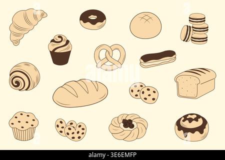 Bäckerei-Sammlung mit handgezeichnetem Brot und süßem Gebäck Vektor-Illustration. Stock Vektor