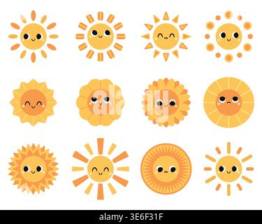Sammlung von niedlichen Zeichentrick-Sonnenillustrationen. Sonnen in verschiedenen Formen mit verschiedenen Strahlen und Ausdrücken. Flache Kinderfiguren. Vektorillustrationen, isoliert auf weißem Hintergrund. Stock Vektor