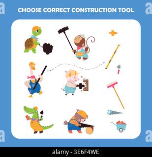 Finden Sie das richtige Konstruktionswerkzeug. Kinder spielen mit den Tierbauern. Schildkröte, Gans, Schwein, Affen und Krokodil. Entwicklung Kinder Spiel, Vektor Stock Vektor