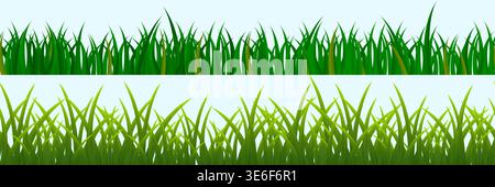 Nahtlose Grasgrenze mit üppigen grünen Klingen und wilder Wiesenvegetation in der Karikaturvektor-Illustration für Gartenlandschafthintergrund mit Stock Vektor