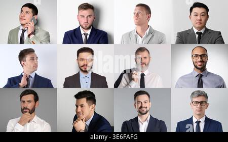 Männer unterschiedlichen Alters. Große Sammlung männlicher Porträts Stockfoto