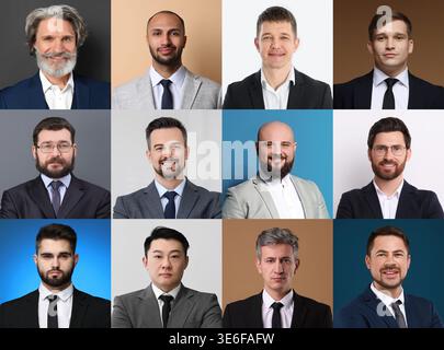 Große Sammlung männlicher Porträts. Männer unterschiedlichen Alters Stockfoto