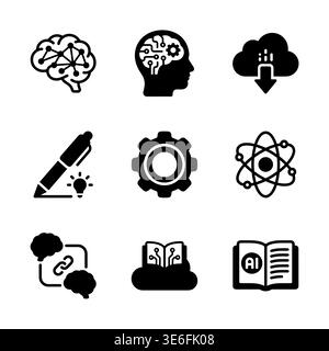 Symbole für künstliche Intelligenz im modernen Glyphen-Stil Stock Vektor