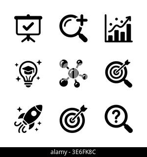 Set aus neun schwarzen Glyphen für Wirtschaft und Wissenschaft Stock Vektor