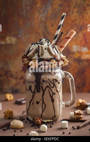 Schokoladenmilchshake mit Eis und Schlagsahne, Marshmallow, süßem Popcorn, Keksen, Waffeln, serviert in glasmauerglas Stockfoto