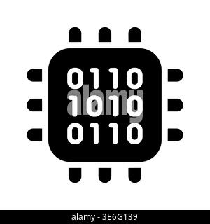 Schwarzes Glyphensymbol eines Prozessors mit Binärcode Stock Vektor