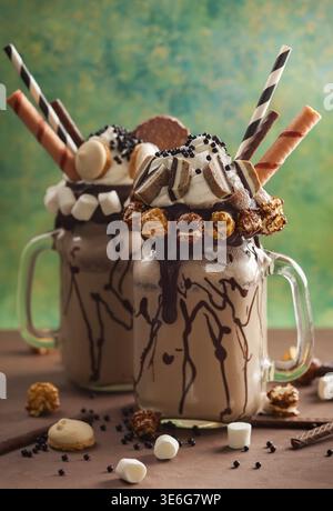 Schokoladenmilchshake mit Eis und Schlagsahne, Marshmallow, süßem Popcorn, Keksen, Waffeln, serviert in glasmauerglas Stockfoto