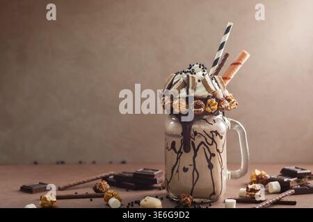 Schokoladenmilchshake mit Eis und Schlagsahne, Marshmallow, süßem Popcorn, Keksen, Waffeln, serviert in glasmauerglas Stockfoto