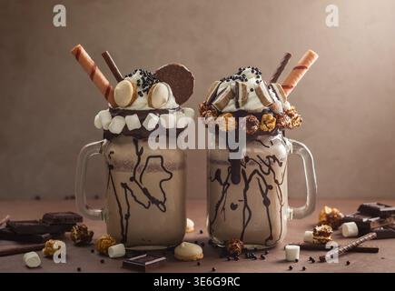 Schokoladenmilchshake mit Eis und Schlagsahne, Marshmallow, süßem Popcorn, Keksen, Waffeln, serviert in glasmauerglas Stockfoto