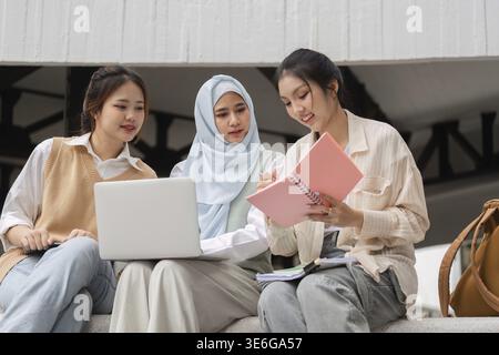Drei verschiedene Studentinnen studieren gemeinsam im Freien, verwenden einen Laptop und teilen Notizen, während sie ihre akademische Arbeit verrichten Stockfoto