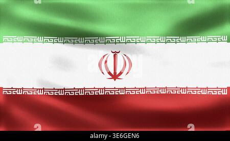 Die schwenkende Flagge des Iran mit aufwändig detaillierter Stoffstruktur und leuchtenden Farben in Grün, weiß und Rot symbolisiert den Nationalstolz Stockfoto