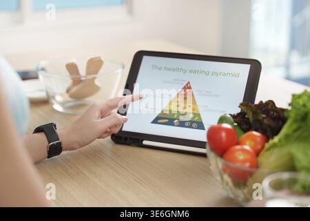 Einzelperson, die sich mit einer digitalen Pyramide für gesunde Ernährung auf einem Tablet beschäftigt und dabei den Schwerpunkt auf Ernährung und Wellness legt Stockfoto