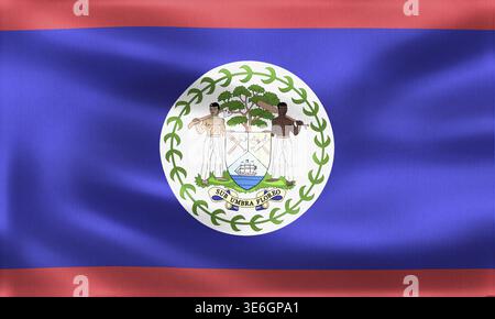 Aus nächster Nähe sehen Sie die wehende belizische Flagge mit ihren lebhaften Farben und dem nationalen Emblem, das die reiche Geschichte und kulturelle Heldin des Landes repräsentiert Stockfoto