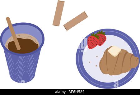 Gebratenes Croissant mit Butter und Krümeln Erdbeeren auf Teller und Papier Kaffeetasse, gerissener Stabzucker. Croissant Tag isolierte Vektor-Illustration Gruß Thematische Karte Lebensmittel Poster Design Elemente Set Stock Vektor