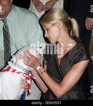 GARDEN CITY, NY - 11. JUNI: (EXKLUSIVE BERICHTERSTATTUNG) die Sprecherin der North Shore Animal League, Beth Ostrosky (Freundin von Howard Stern), teilt einen Kuss mit einem Hund beim 7. Jährlichen Mittagessen der North Shore Animal League America's Lewyt Humane Awards am 11. Juni 2008 im Garden City Hotel in Garden City, New York. Leute: Beth Ostrosky Stockfoto