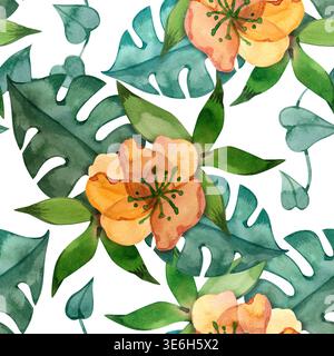 Handgezeichnetes nahtloses Aquarellmuster mit tropischen Monsterablättern und zarten orangen Blüten. Lebendige botanische Textur exotischer Pflanzen, perfekt Stockfoto