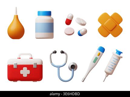 Cartoon 3D medizinische Ikonen. Erste-Hilfe-Kasten, Krankenhauselemente, Apothekentabletten, Rechnungen und Werkzeuge, Einlauf, Thermometer und Spritze zur Behandlung und Stock Vektor