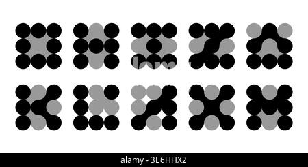 Atom-Punkte, die in Molekül-Strukturmuster verbunden sind. Abstrakte Kreisformen, Kollagenflüssigkeitstropfen. Medizintechnische Metaballzellen. Pfeil für wellige Verschmelzung der Flüssigkeit, Stock Vektor