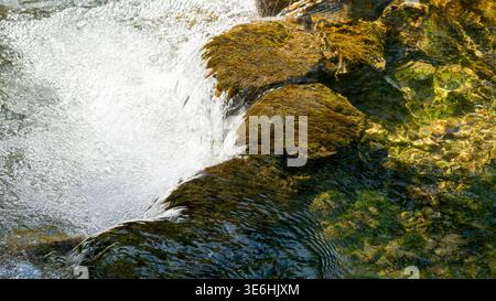 Kristallklares Wasser, Das Über Moosbedeckte Felsen Fließt Stockfoto