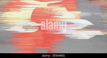 Ein glitzerndes Bildmaterial auf grauem Hintergrund mit leuchtenden roten, gelben und weißen Farben. Das Bild weist verzerrte Formen und horizontale Linien auf, die erzeugen Stockfoto