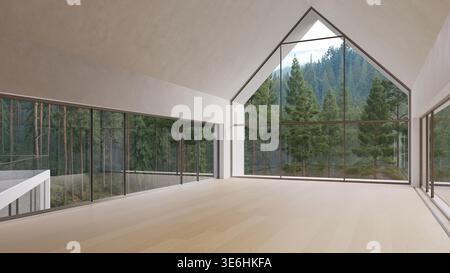 Ein abgewinkelter Blick auf eine leere, moderne Inneneinrichtung mit hellem Holzfußboden, weißen Wänden und großen Fenstern mit Blick auf einen dichten Kiefernwald. Stockfoto
