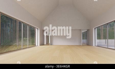 Ein leeres, modernes Zimmer mit hellem Holzfußboden und weißen Wänden. Große Glasschiebetüren auf beiden Seiten zeigen einen dichten Kiefernwald im Freien. Stockfoto