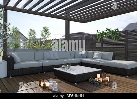 3D-Rendering einer Holzterrasse unter einer Pergola mit grauem Korbsofa, weißem Couchtisch und beleuchteten Kerzen in Glashaltern. Stockfoto