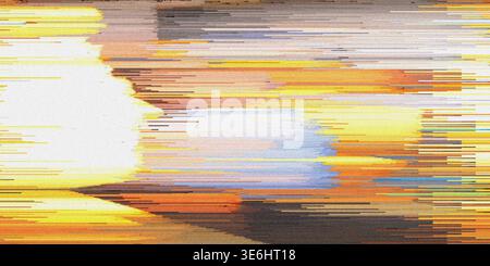 Ein dynamisches abstraktes Bild mit intensiven horizontalen Glitching, gekennzeichnet durch helle gelbe, orange und blaue Streifen auf einem strukturierten Hintergrund. Stockfoto