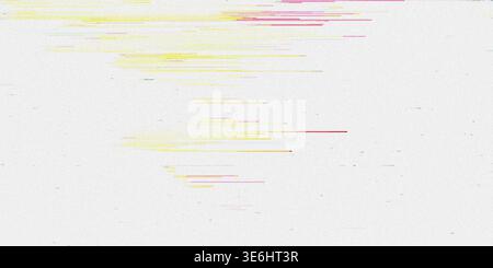 Ein abstraktes digitales Glitch-Art-Bild mit horizontalen Streifen von gelbem und rosa Licht auf einem sauberen weißen Hintergrund. Stockfoto