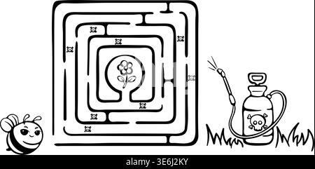 Bienen- und Pestizidfreies Wanderlabyrinth für Kinder im Alter von 6 bis 9 Jahren. Arbeitsblatt für die umweltbezogene Logik im Bildungsbereich. Handgezeichnete Doodle-Illustration, Homeschooling Stock Vektor