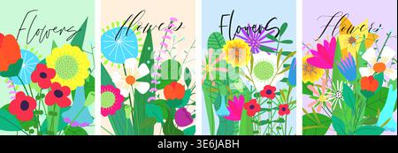Bluebonnet-Sommerplakat. Zeitgenössische Vektor-Illustration mit niedlichen Texas Wildblumen und grünen Blättern. Abstraktes Muster für Gartenmarkt-Cover, einfache Frühlingskarten und Vintage-US-Season-Flyer. Stock Vektor