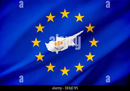 Blaue EU-Flagge mit gelben Sternen mit zyprischer Karte, gefüllt mit der Nationalflagge in der Mitte, die die europäische Identität und Mitgliedschaft symbolisiert. Stockfoto