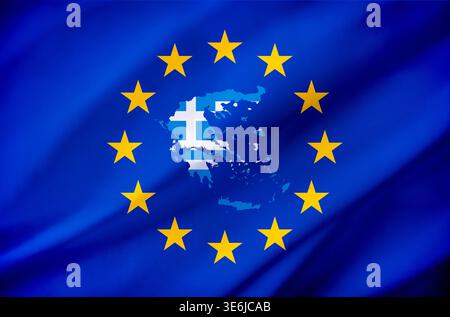 Flagge der Europäischen Union mit griechischer Kartensilhouette, gefüllt mit blauen und weißen Streifen, zentriert zwischen goldenen Sternen auf einem blau strukturierten Hintergrund. Stockfoto